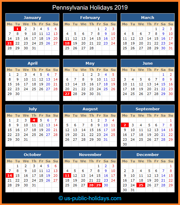 Pennsylvania Holiday Calendar 2019